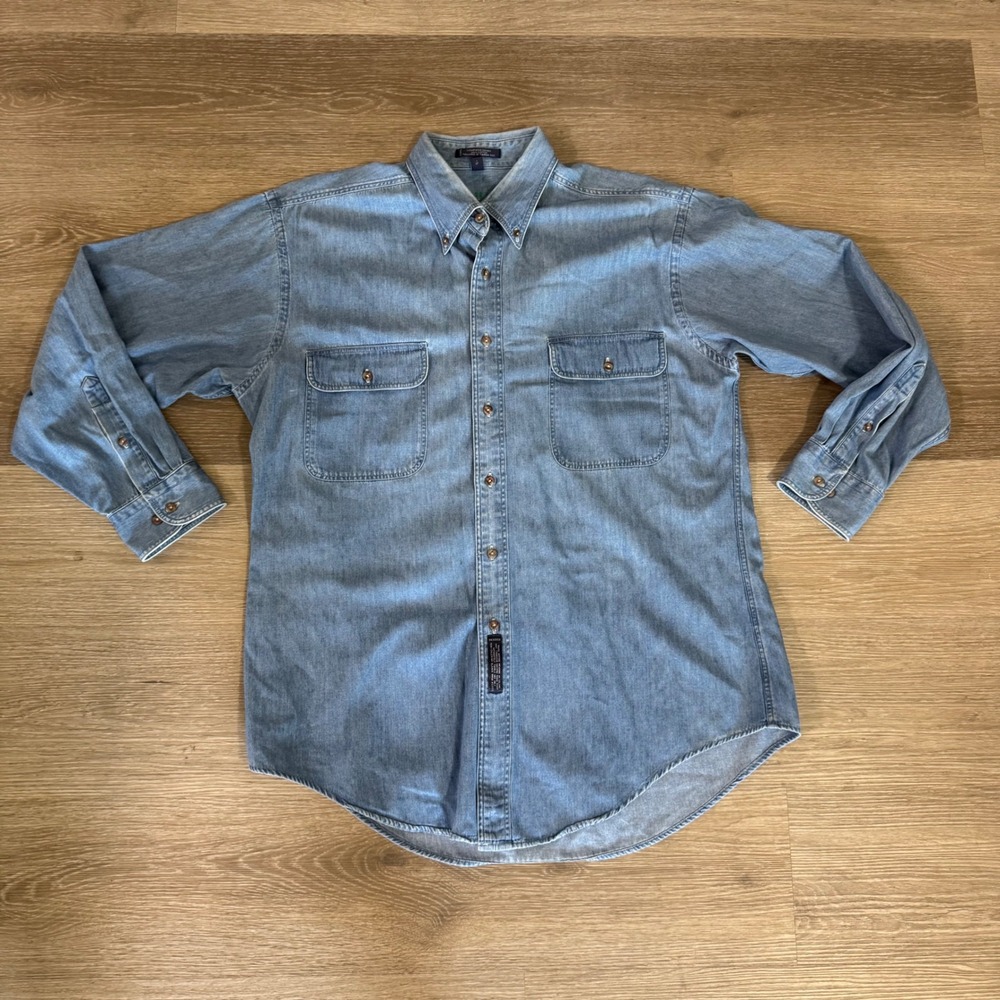 Vtg G.H. Bass Mens 16.5 32/33 Blue Compass Denim Cotton Button Down Shirt